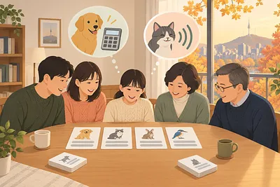 三世代の家族が食卓の動物カードを見て笑い、吹き出しには犬と電卓、猫と音の波が浮かんでいる。