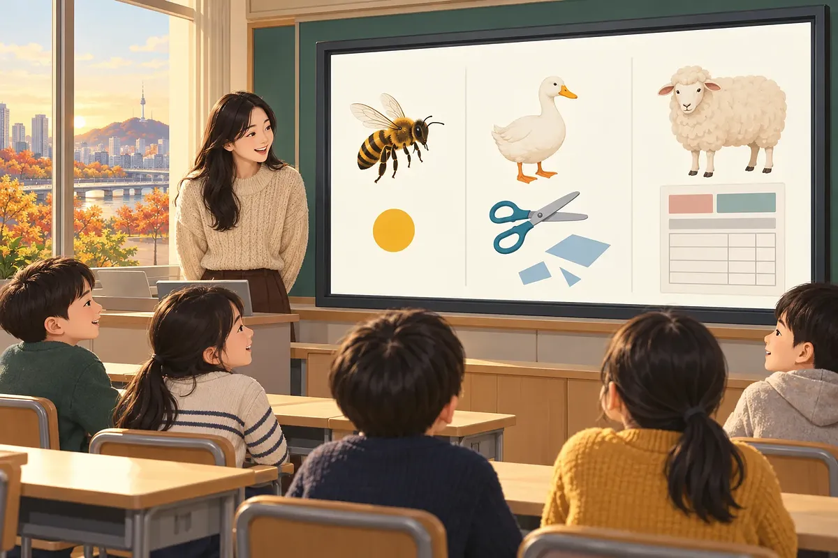 A teacher and pupils view a board pairing a bee, duck and sheep with a dot, scissors and a form.