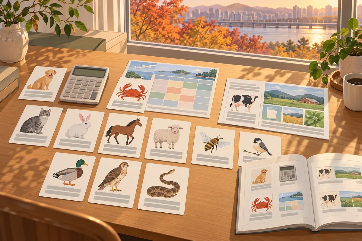 Animal cards, a calculator, a travel planner, a cow-themed newsletter and an open book on a wooden table