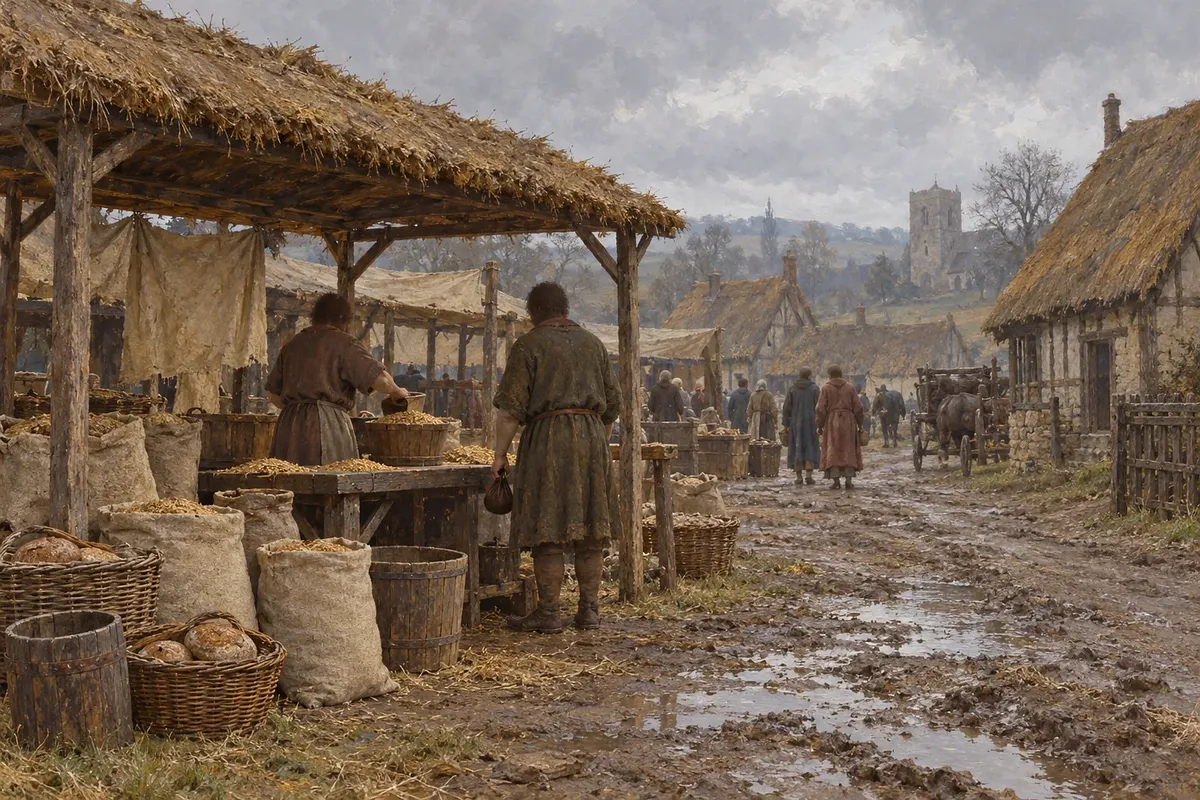 A grain seller and a customer holding a purse at a thatched stall beside a muddy village lane.