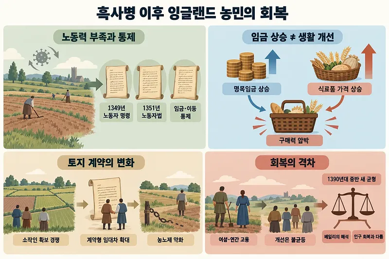 노동 통제, 임금과 식료품 가격, 토지 계약 변화, 농민의 불균등한 회복을 다룬 4개 패널 인포그래픽