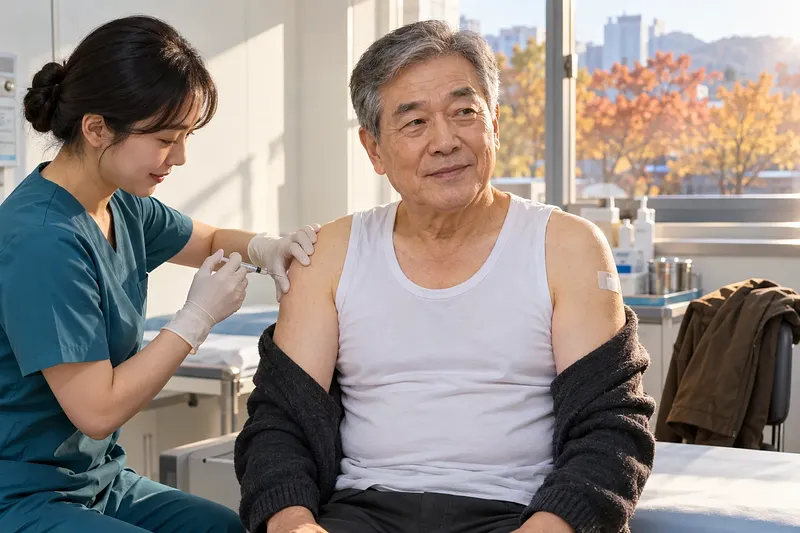 왼쪽 위팔에 작은 반창고를 붙인 노년 남성의 오른쪽 위팔에 간호사가 주사를 놓고 있다.