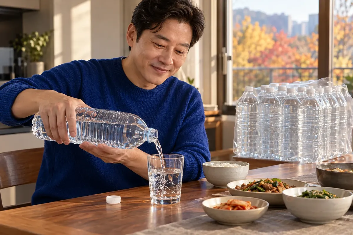 青いセーターの男性が、食事とまとめ買いの水が置かれた食卓で、ラベルのないボトルからグラスに水を注いでいる。