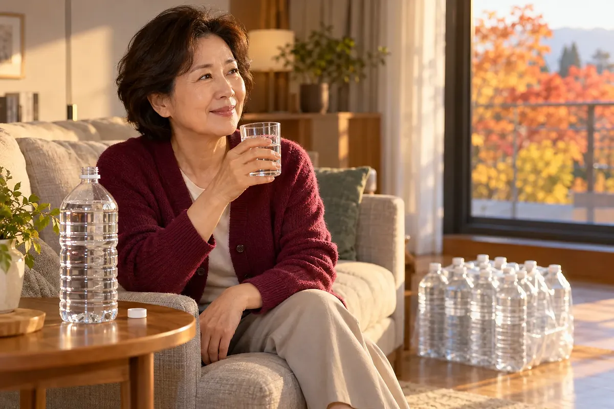 An older woman smiles on a sofa, holding a glass of water, with unlabelled water bottles nearby.