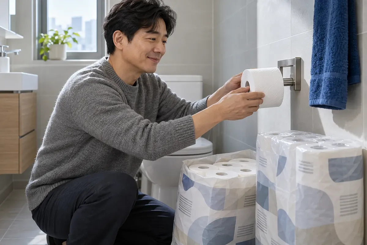 Un hombre con jersey gris coloca un rollo en el portarrollos del baño junto a dos paquetes grandes de papel higiénico.