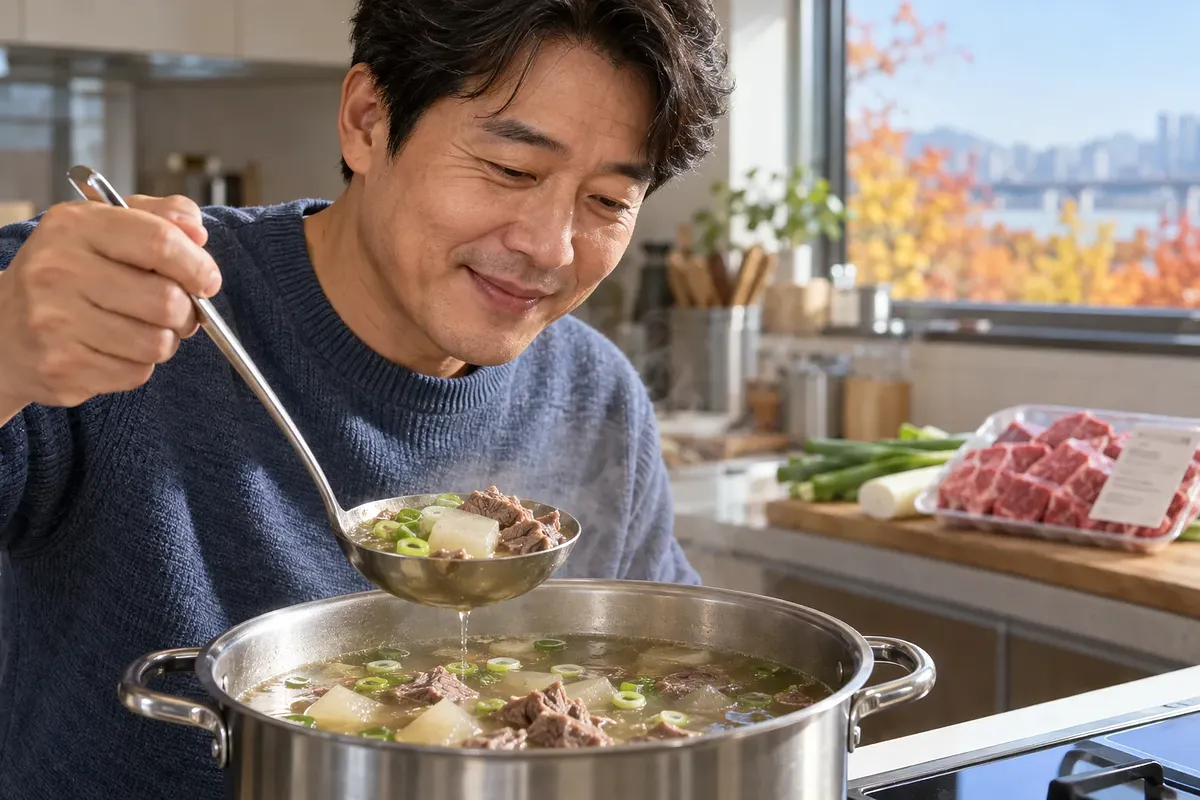 주방에서 파란 스웨터를 입은 남성이 냄비 위로 소고기와 무, 파가 담긴 국자를 들어 올리고 있다.