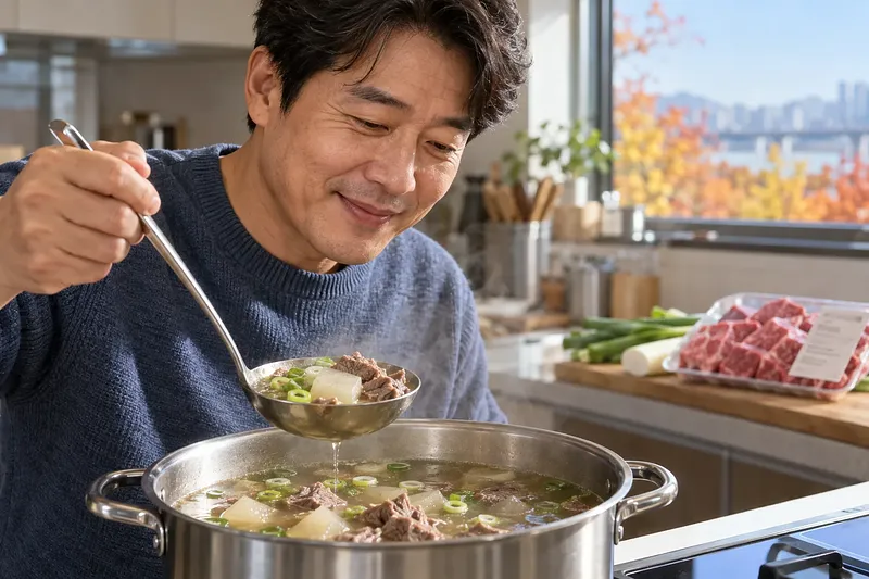 キッチンで青いセーターを着た男性が、牛肉と大根、ねぎの入ったスープを鍋からおたまですくっている。