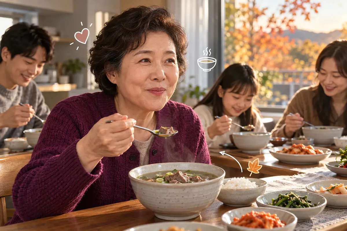 家族との食卓で、牛肉スープをのせたスプーンを手に微笑む、紫色のカーディガン姿の年配女性