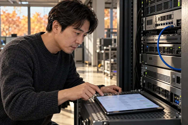 A man in a dark gray sweater examines a tablet resting on a server rack shelf.