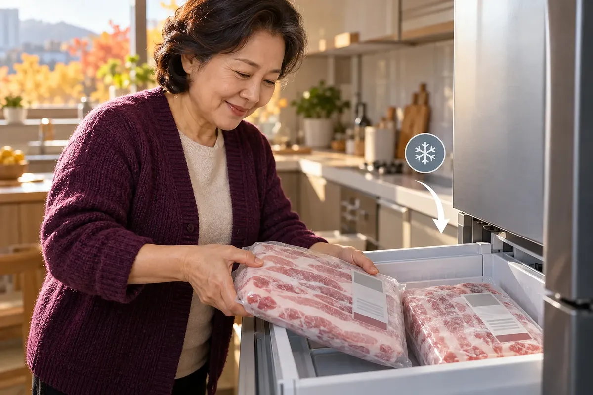 微笑む年配の女性が、冷凍庫の引き出しにある豚バラ肉の隣に、もう1パックの真空包装肉を入れている