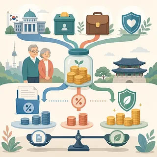 Ilustración financiera con una pareja mayor, monedas de pensión, símbolos fiscales, edificios y escudos
