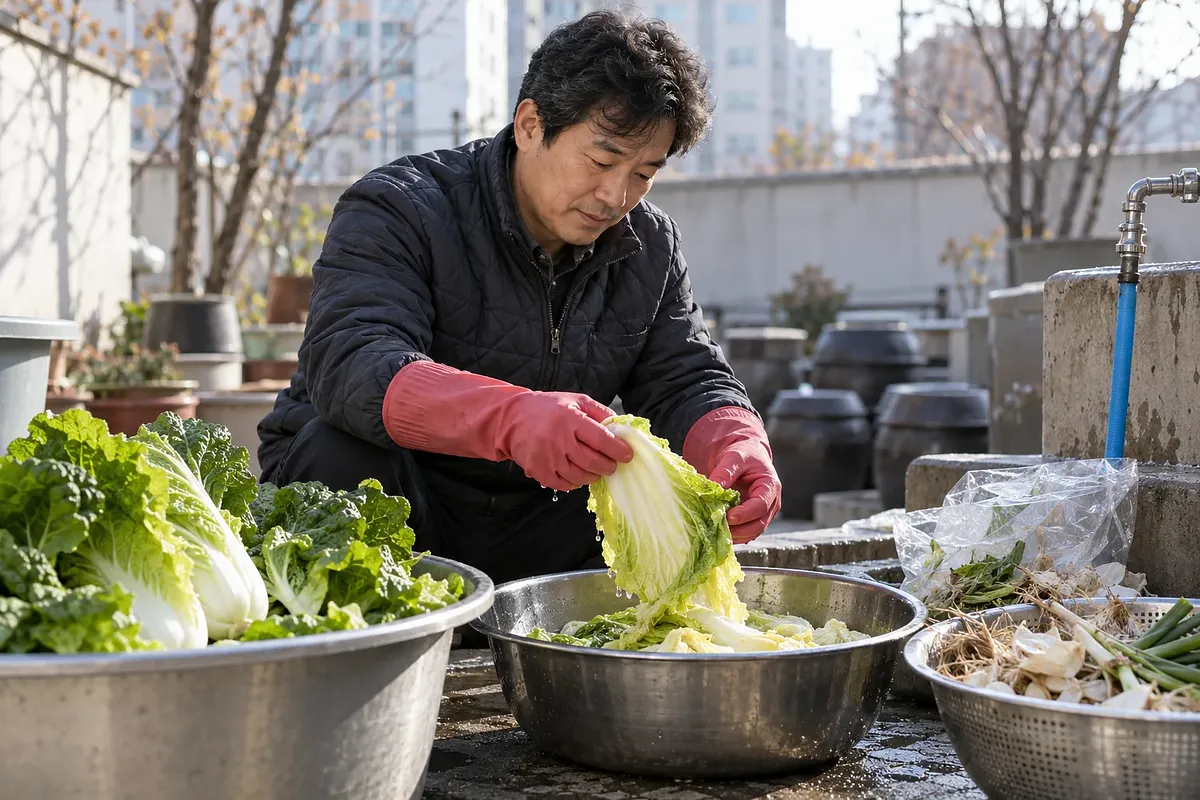 Un hombre con guantes separa hojas de col china al aire libre; las raíces y cáscaras están en otro recipiente.