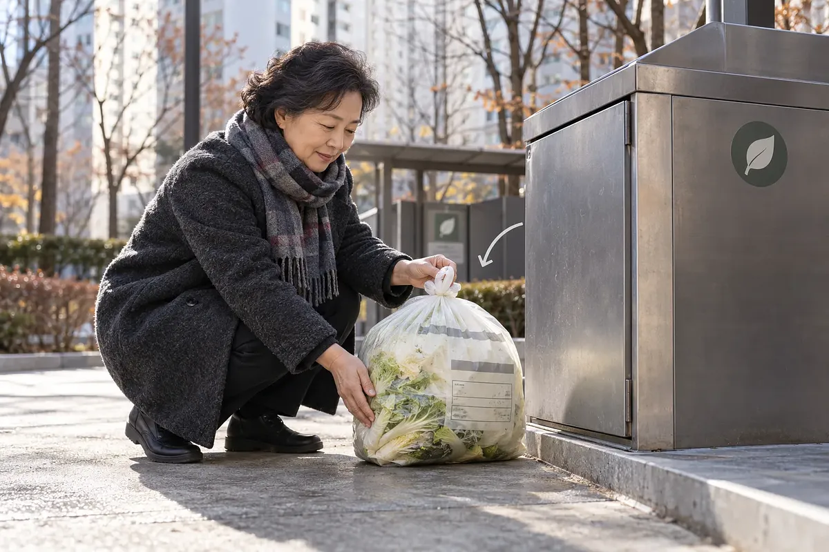 A woman sets a tied translucent bag of cabbage scraps on the ground beside a metal food-waste bin at an apartment complex.