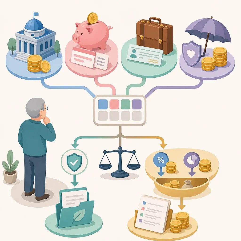 Older adult reviewing pension, financial, insurance and work income for tax filing