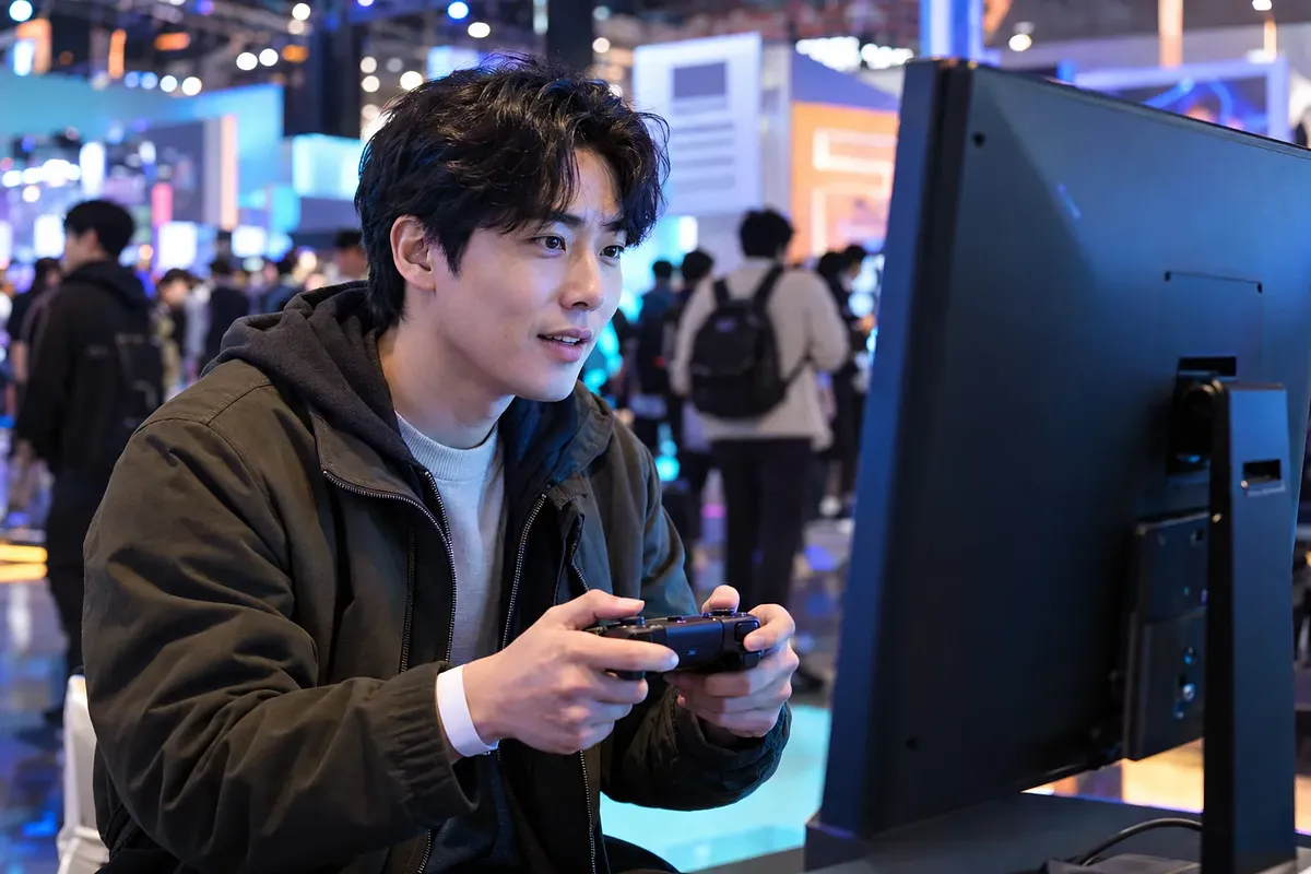 붐비는 게임 전시장에서 젊은 남성이 게임패드를 쥐고 모니터를 보며 게임에 몰입하는 모습