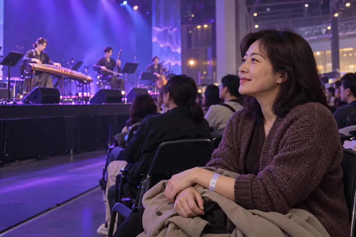 入場リストバンドを着けた女性が、膝にコートを置き、笑顔でステージの演奏を楽しんでいる