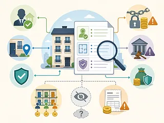 住宅と登記書類を虫眼鏡で確認し、所有者や担保、保証金リスクを点検する図解