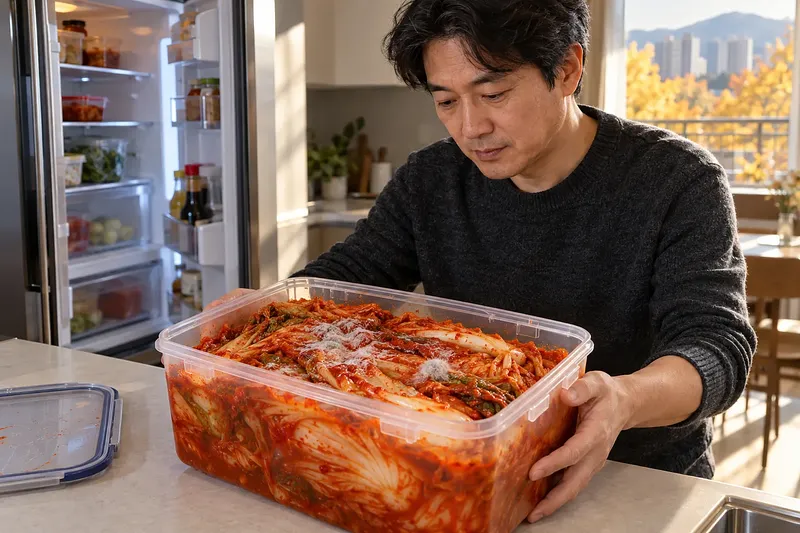 열린 냉장고 옆에서 흰 막과 솜털 같은 덩어리가 생긴 김치 통을 살펴보는 중년 남성