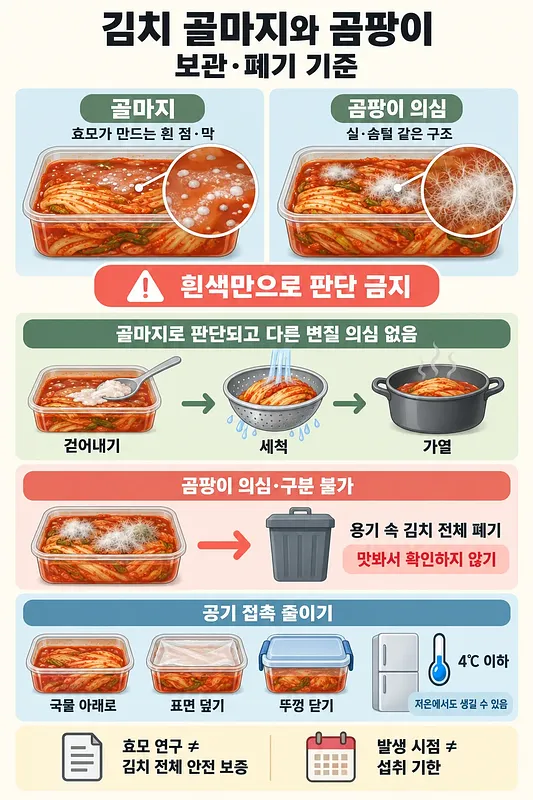 Infographic comparing yeast spots and film with fuzzy mold on kimchi, with handling, disposal and storage guidance