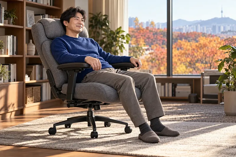 Un hombre de mediana edad descansa en un sillón reclinable gris en un estudio con libros y un gran ventanal.
