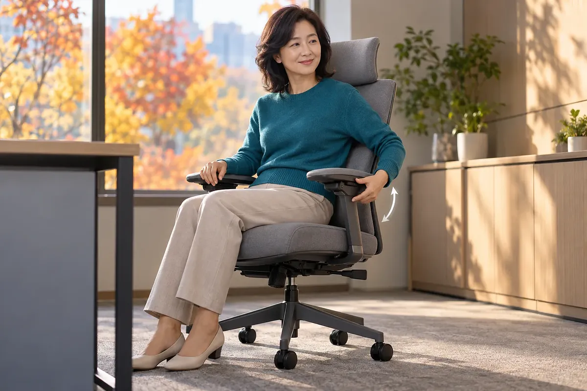 청록색 스웨터를 입은 여성이 햇살 드는 사무실에서 회색 컴퓨터 의자에 앉아 팔걸이를 조절하는 모습