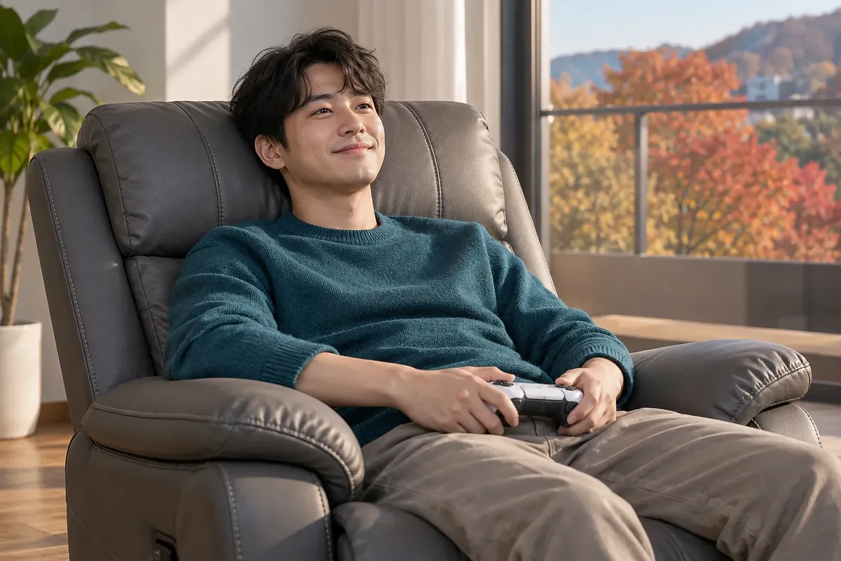 A man in a teal sweater holds a game controller while relaxing in a gray recliner with padded armrests.