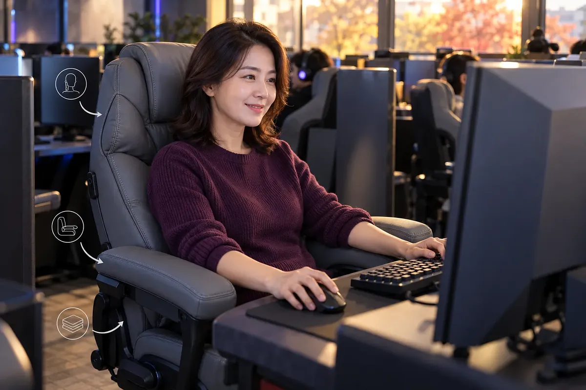 PCカフェで、紫色のセーターを着た女性がクッション付き肘掛けのあるグレーのゲーミングチェアに座り、パソコンを使っている