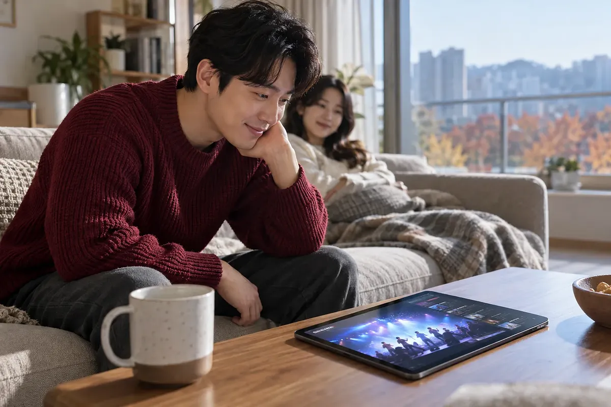 日差しが入るリビングのソファで、タブレットに映るステージ公演を見る男女
