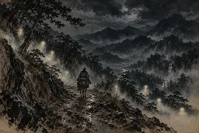 A lone rider follows a rocky mountain path at night, with pale ghost lights drifting among misty pines.
