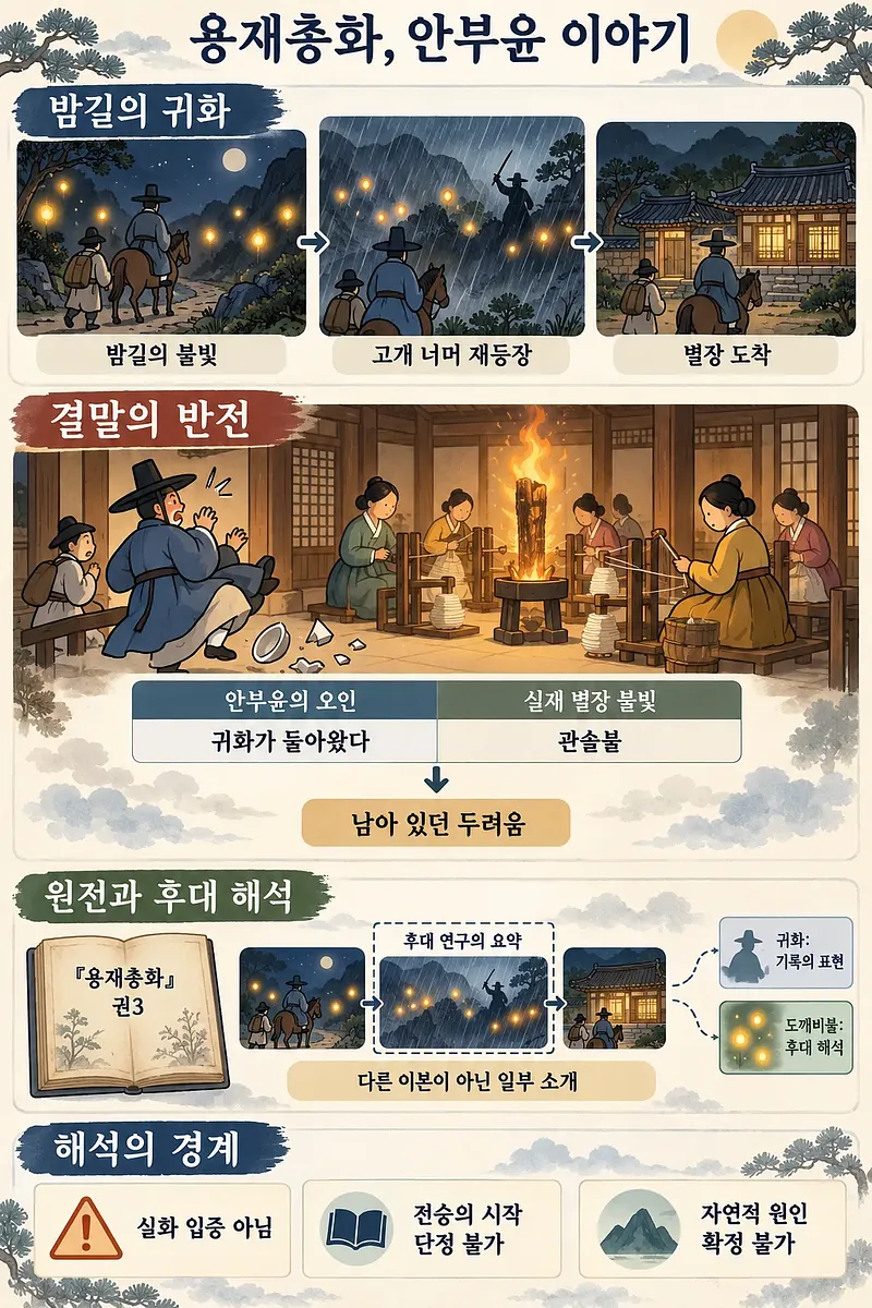 밤길의 귀화와 별장 관솔불의 오인, 원전과 후대 해석의 차이를 정리한 인포그래픽