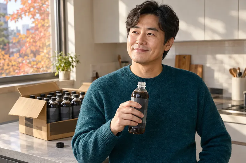 Un hombre sonríe con una botella de café abierta en una cocina soleada, junto a una caja de botellas de café.