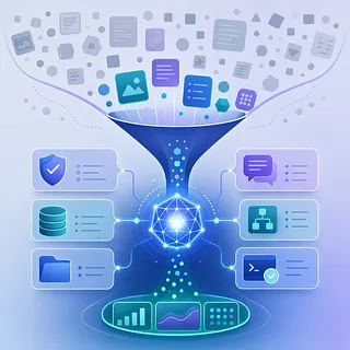 文書やデータのアイコンが漏斗を通って中央のAIネットワークに集まる図