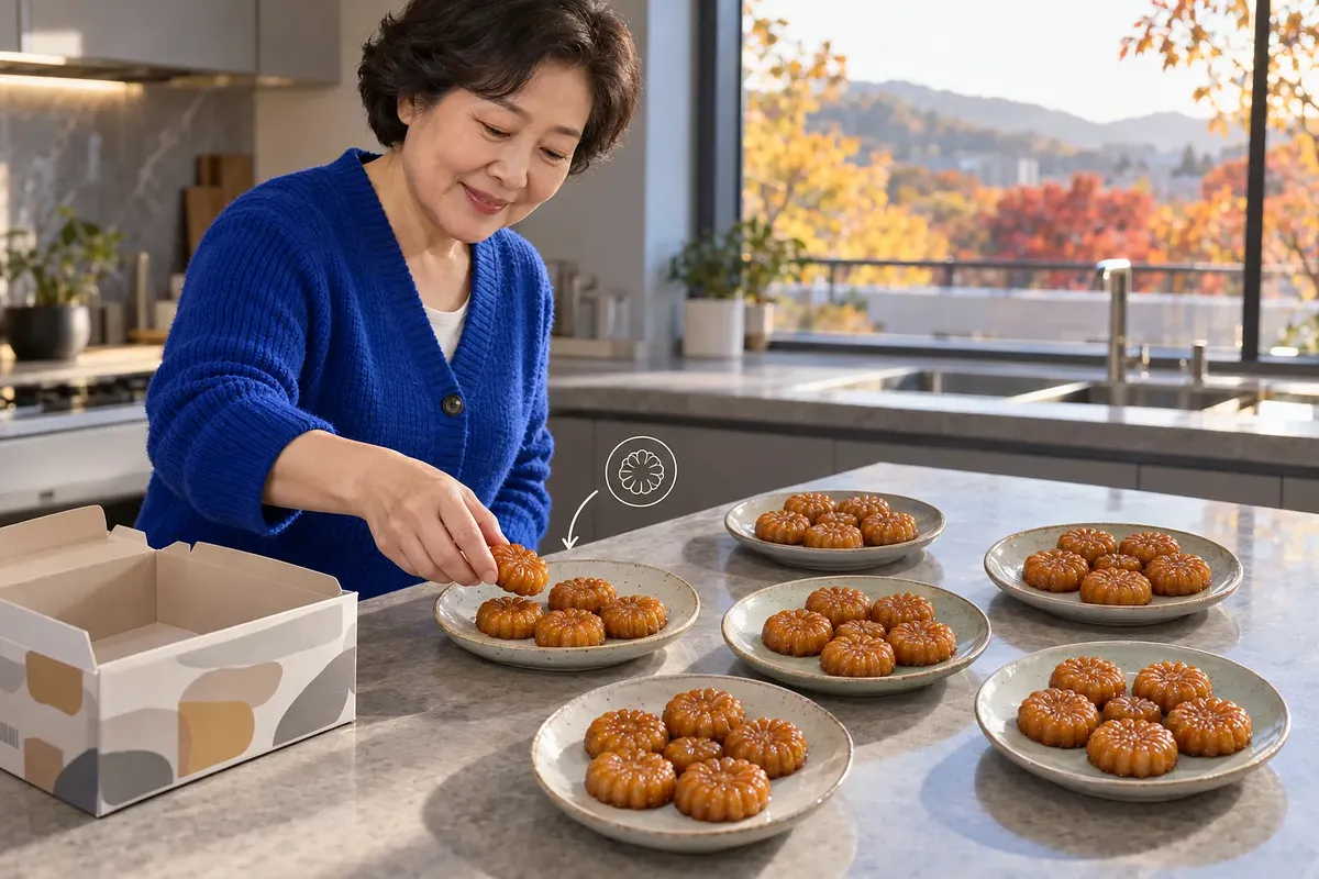 青いカーディガンを着た女性が、キッチンの作業台に並べた陶器の皿に薬菓を取り分けている。