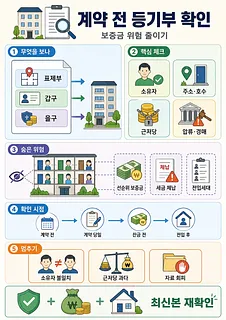 계약 전 등기부 확인 항목과 숨은 위험, 확인 시점을 정리한 한국어 체크리스트 인포그래픽