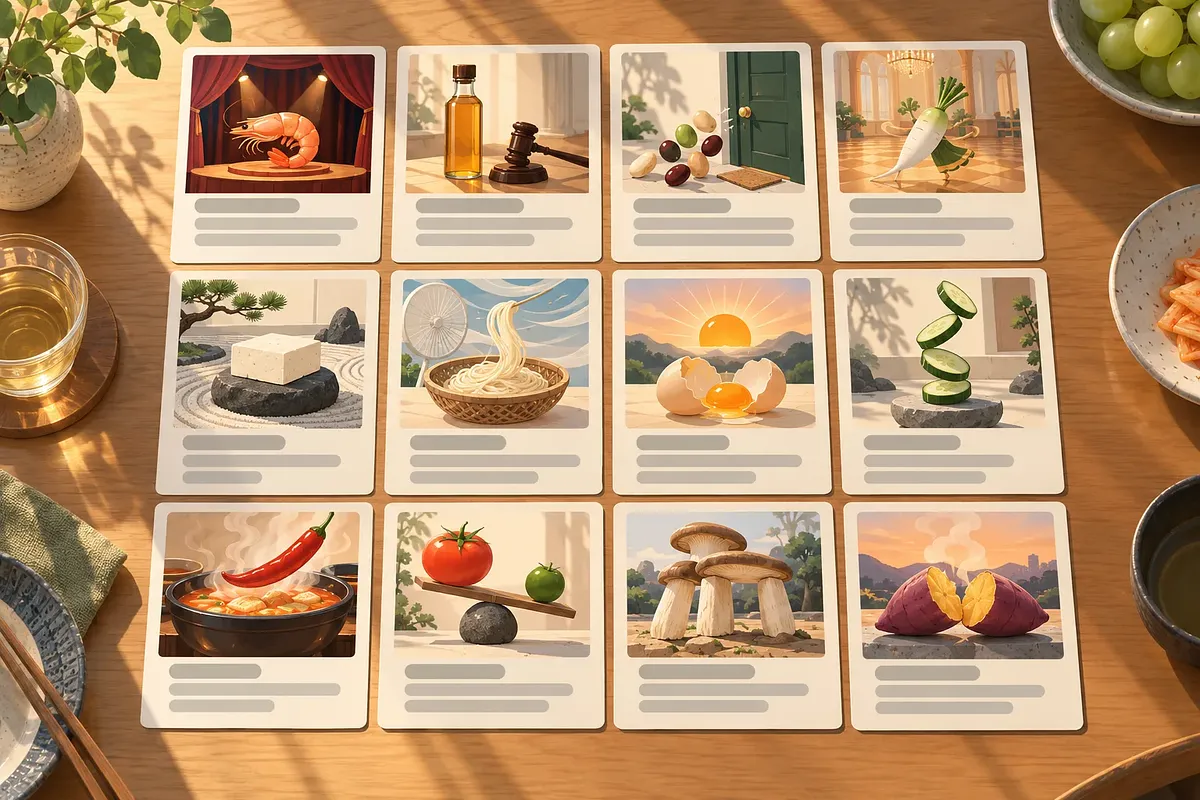 Doce tarjetas en una mesa con motivos de comida, como un camarón en un escenario y aceite junto a un mazo de juez.