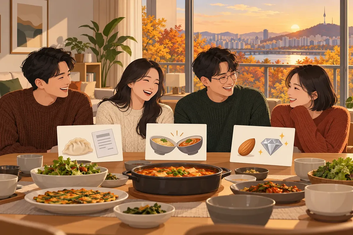Four adults laughing at a dining table with food and riddle cards featuring dumplings, noodles and an almond