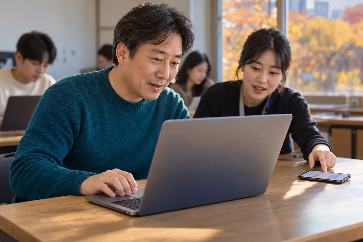 A middle-aged man uses a laptop in a classroom while a woman beside him points to a smartphone on the table.