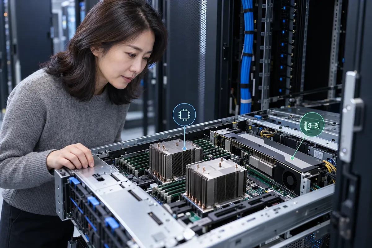 Una mujer revisa un servidor abierto con disipadores de CPU y una tarjeta GPU en una sala de servidores.