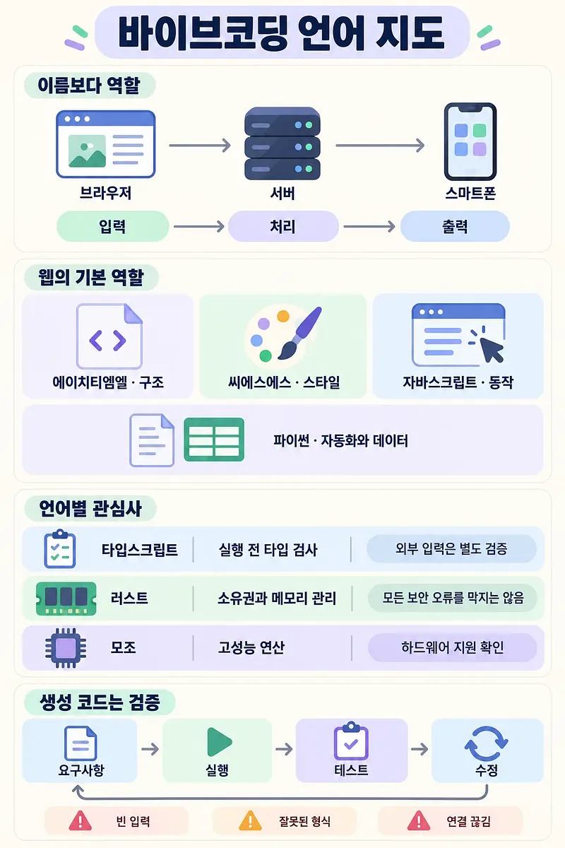 브라우저·서버 흐름, 웹 언어의 역할, 언어별 주의점과 생성 코드 검증 절차를 정리한 인포그래픽