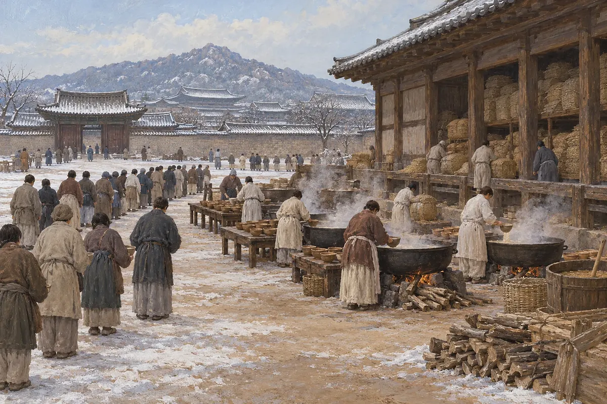 Villagers queue in a snowy courtyard as workers ladle porridge beside a grain storehouse.