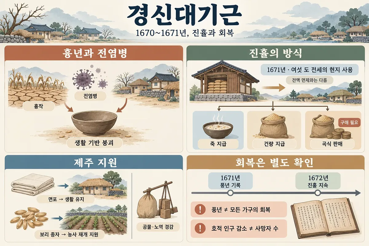 흉년과 전염병, 진휼 방식, 제주 지원, 회복 판단의 주의점을 네 칸으로 정리한 경신대기근 인포그래픽