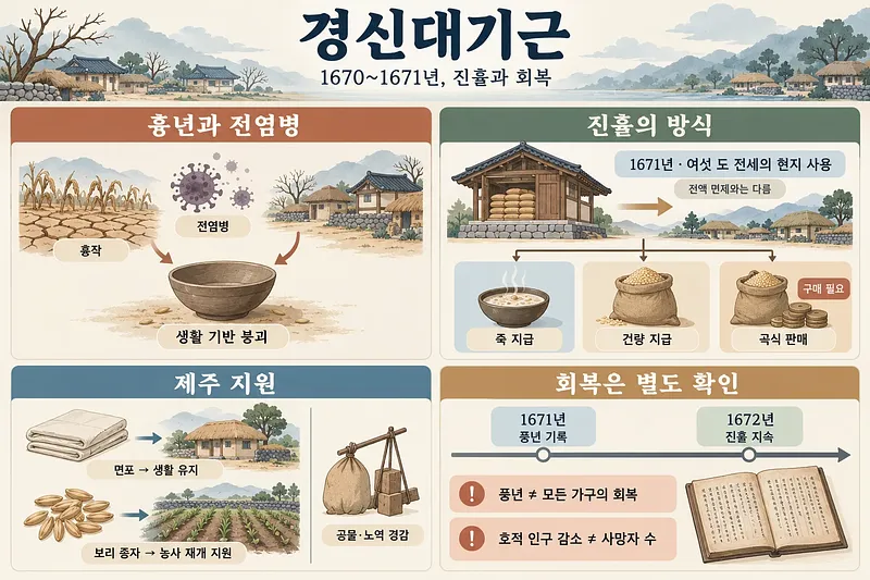 흉년과 전염병, 진휼 방식, 제주 지원, 회복 판단의 주의점을 네 칸으로 정리한 경신대기근 인포그래픽