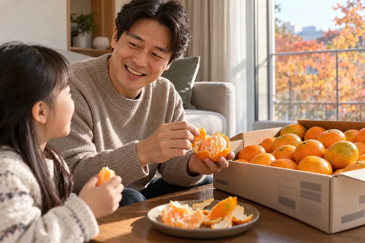 Un padre sonríe a su hija mientras pela una mandarina grande junto a una caja de mandarinas en casa.