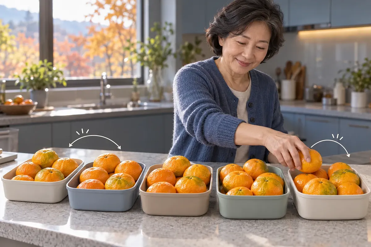An older woman divides large mandarins among five shallow containers on a kitchen counter.