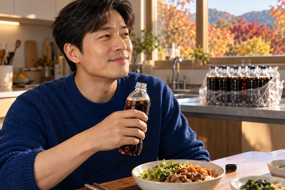 日差しの入るキッチンで、青いセーターの男性が食事を前にラベルのないコーラのボトルを持ち、微笑んでいる。