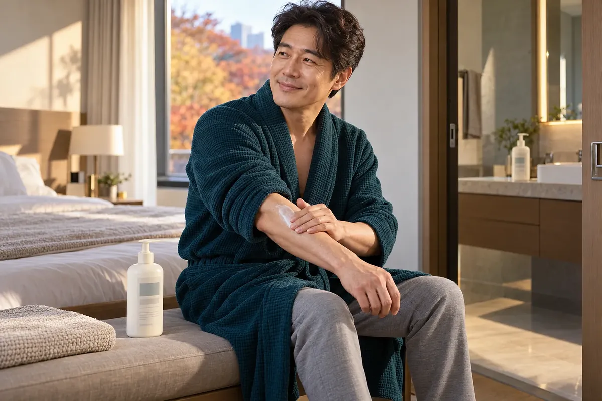 짙은 청록색 가운을 입은 중년 남성이 침실 벤치에 앉아 펌프형 로션 옆에서 팔에 로션을 바르고 있다.