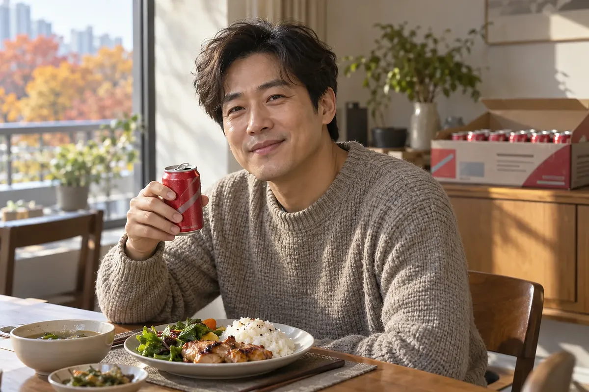 自宅の食卓で、食事を前に小さな赤いコーラ缶を手に持って微笑む男性