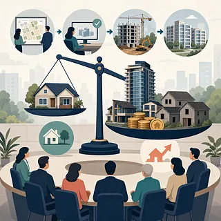 Personas debaten política inmobiliaria ante una balanza con viviendas, edificios y monedas