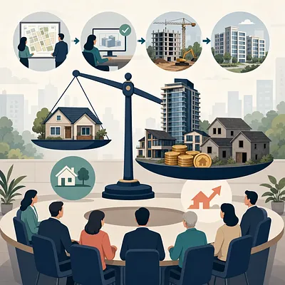 住宅や建物、硬貨を載せた天秤を前に不動産政策を議論する人々