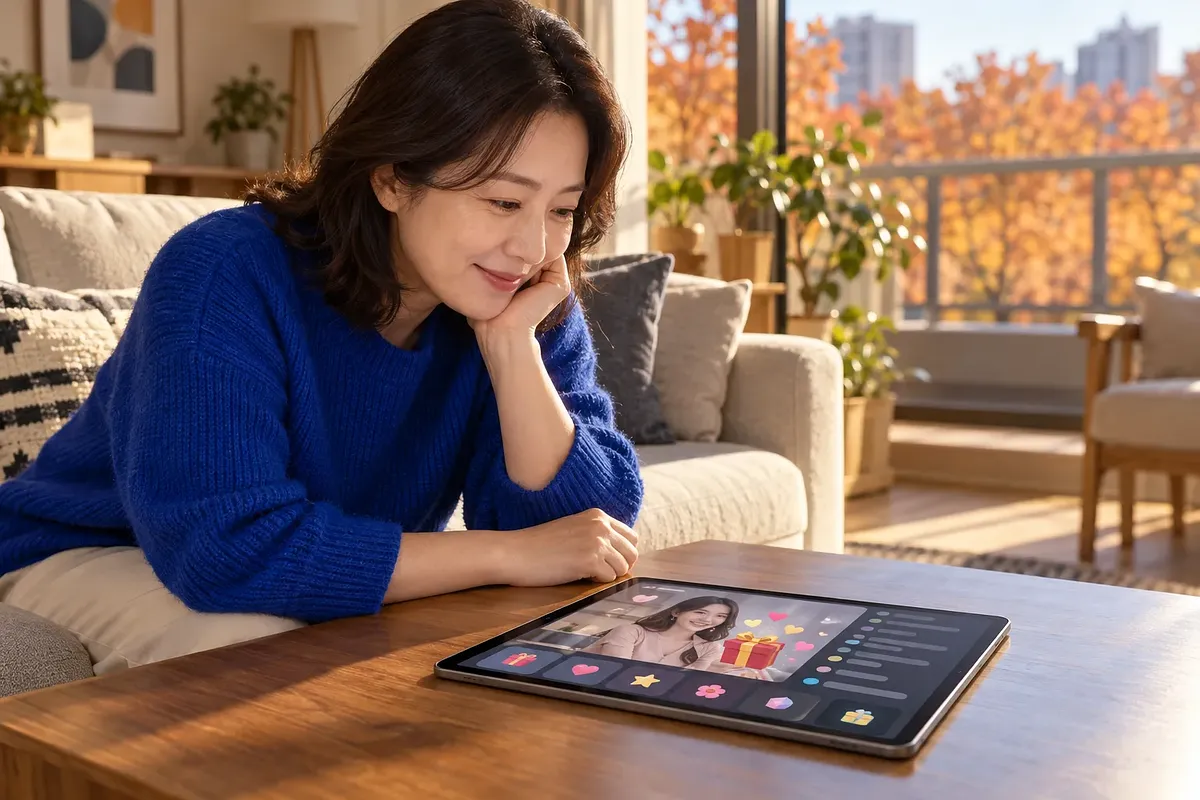 青いセーターを着た女性がソファに座り、テーブル上のタブレットでギフト演出のあるライブ配信を見ている。